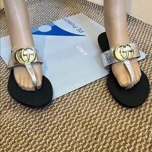 Gucci Silver Thong Sandals with Gold Double-G Logo